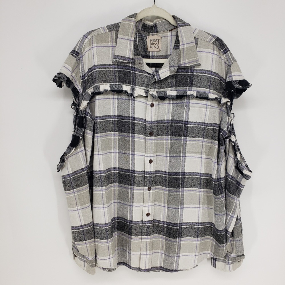 Furst Of A Kind Upcycled Ruffle Plaid Button Down Shirt Womens XL Cold Shoulder